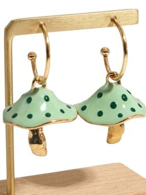Mint Green Mushroom Hoop Earrings Gold Green Polka Dot Cottagecore